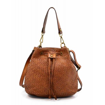 16■ Flecht-Leder-Beuteltasche Henkeltasche mit  Vintage optik | Braun, Schwarz